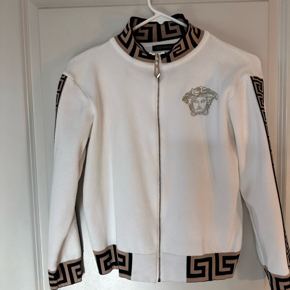 Versace Authentic Knit Zip Up Cream Medusa Logo Varsity Style Sweater, Size S/M